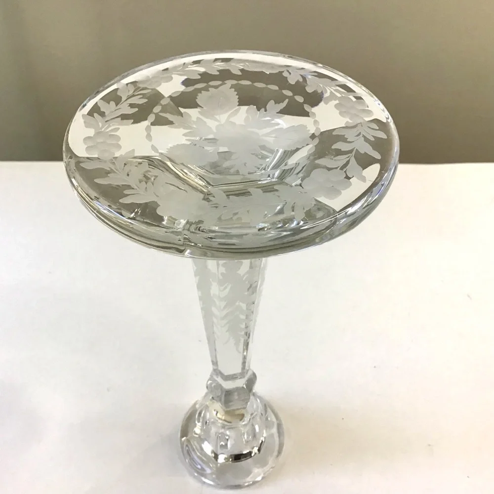Vintage HEISEY Crystal Glass Candle Holder Elegant Etched Flowers & Leaves 7.75”